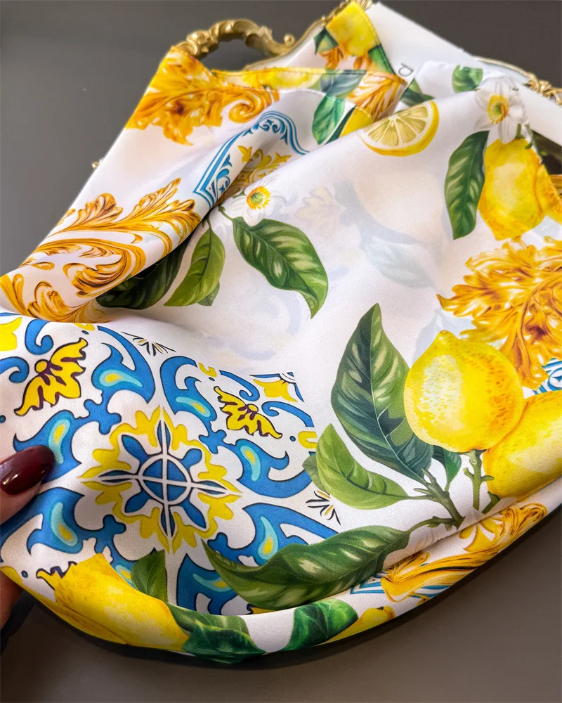 2026 New Lemon Printed Square Scarf Soft Satin Imitation Silk Scarves For Women Bandanas Hijab Neckerchief Elegant Shawl Wraps - view 5