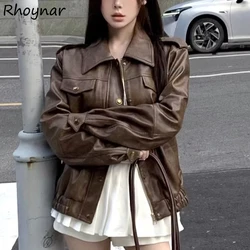 Brown PU Jackets Women Autumn Temperament Female Casual Simple All-match Crop Tops Baggy Designed Korean Style Streetwear Chic