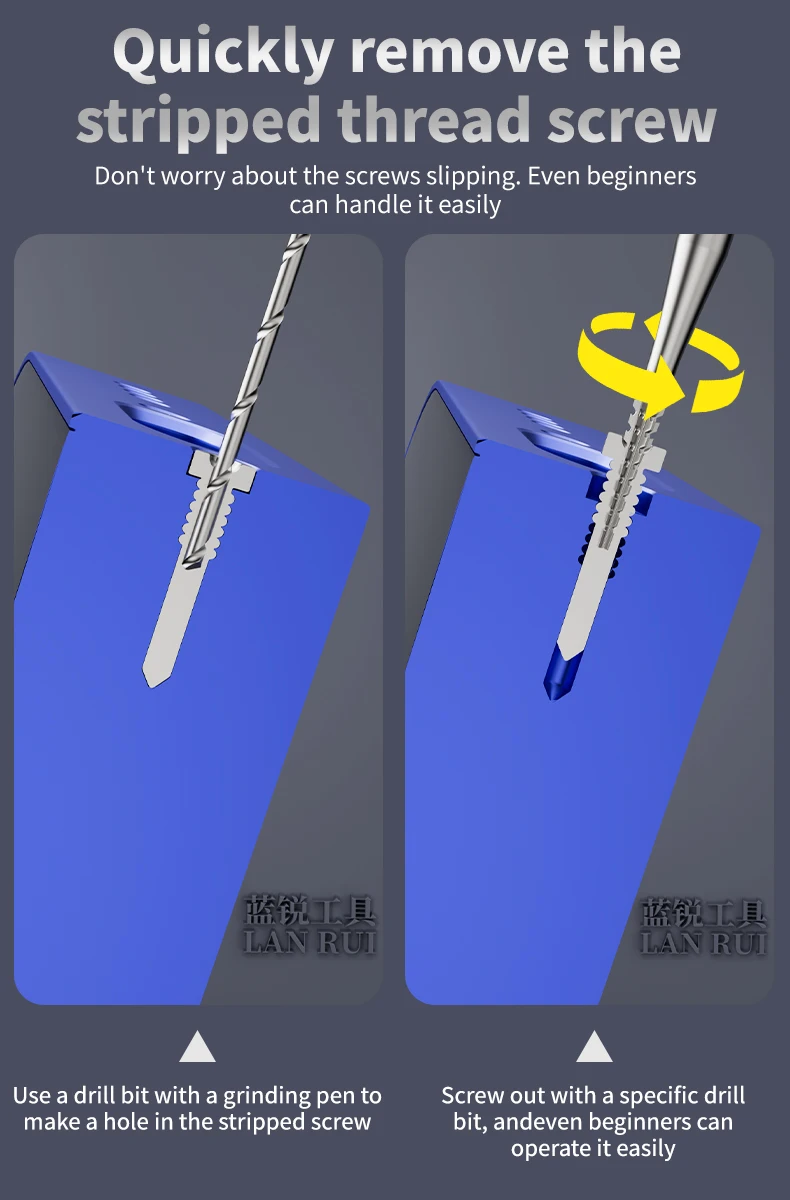 Mata bor Lanrui untuk melepas kabel rusak di ponsel, alat pengupas kabel rusak, mata bor pengupas paku rusak dari bahan alloy