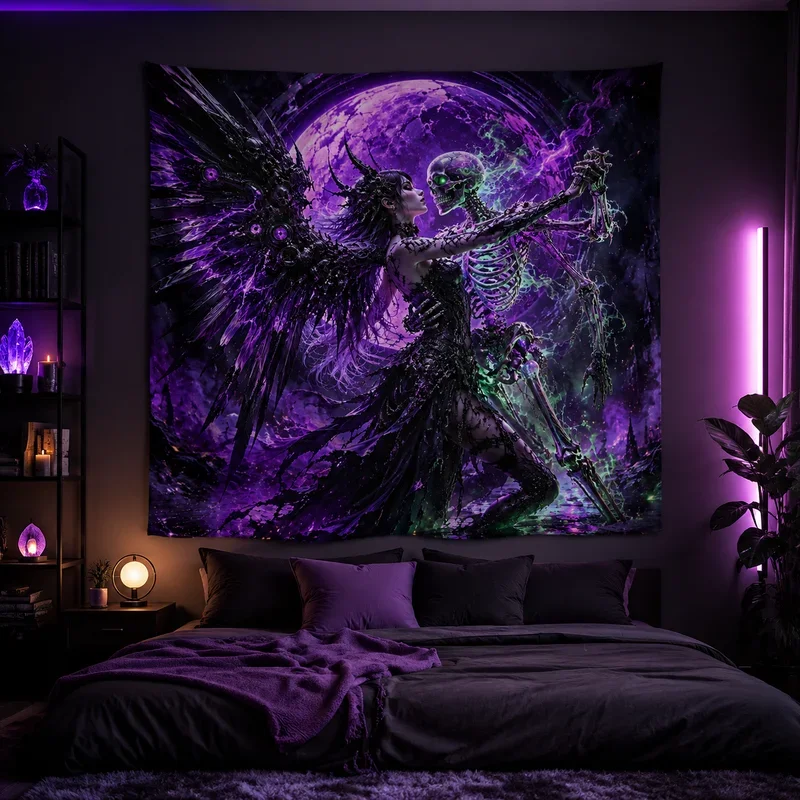 VIKAMA Dark Gothic Dance Tapestry, Black-Winged Demon Skeleton Wall Hanging, Halloween Party Decorative Wall Hanging, Home Decor