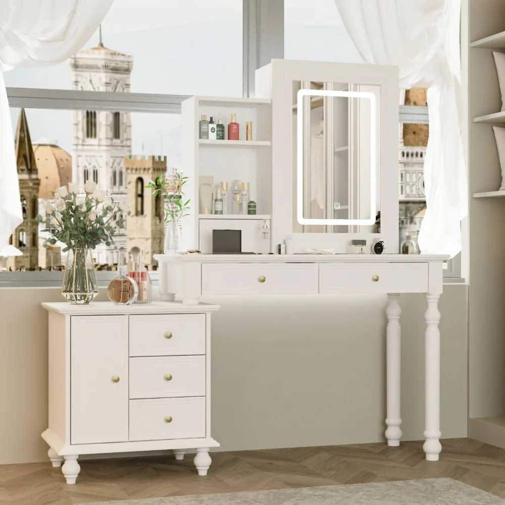 Dresser with illuminated sliding mirror and hidden shelves, dressing table with cabinet and 6 drawers, bedroom dresser with legs