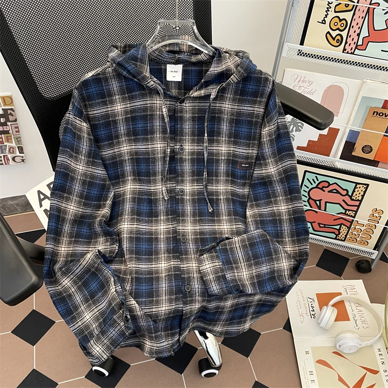 Men's Plaid Shirt Spring Thin Long Sleeve Hooded Casual Jacket American Street Style Vintage Lazy Shirt Loose Fit Youth Trend