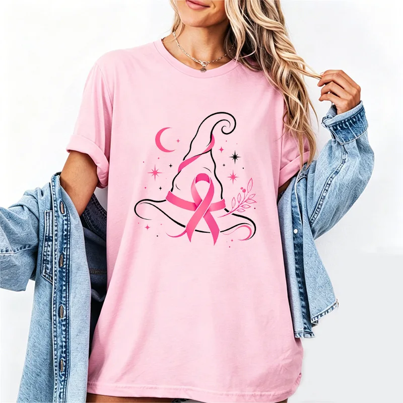 Pink Ribbon Witch Hat Moon Star Floral Elegant Art Print Graphic Womens T Shirt Short Sleeve Crew Neck Casual Ladies Tee Tops
