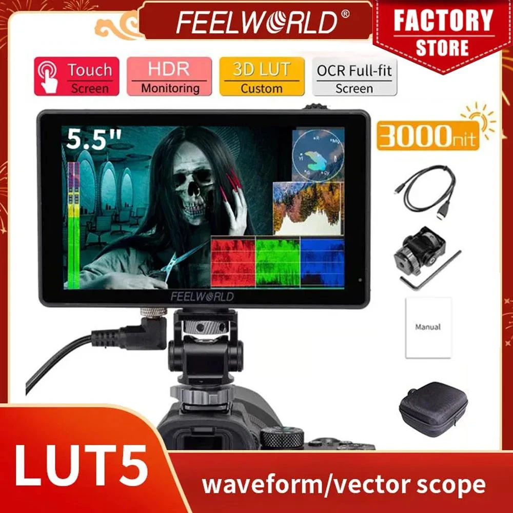 FEELWORLD LUT5 5.5 Inch Touch Screen Ultra High Bright 3000nit 4K HDMI Input Output DSLR On Camera Field Monitor