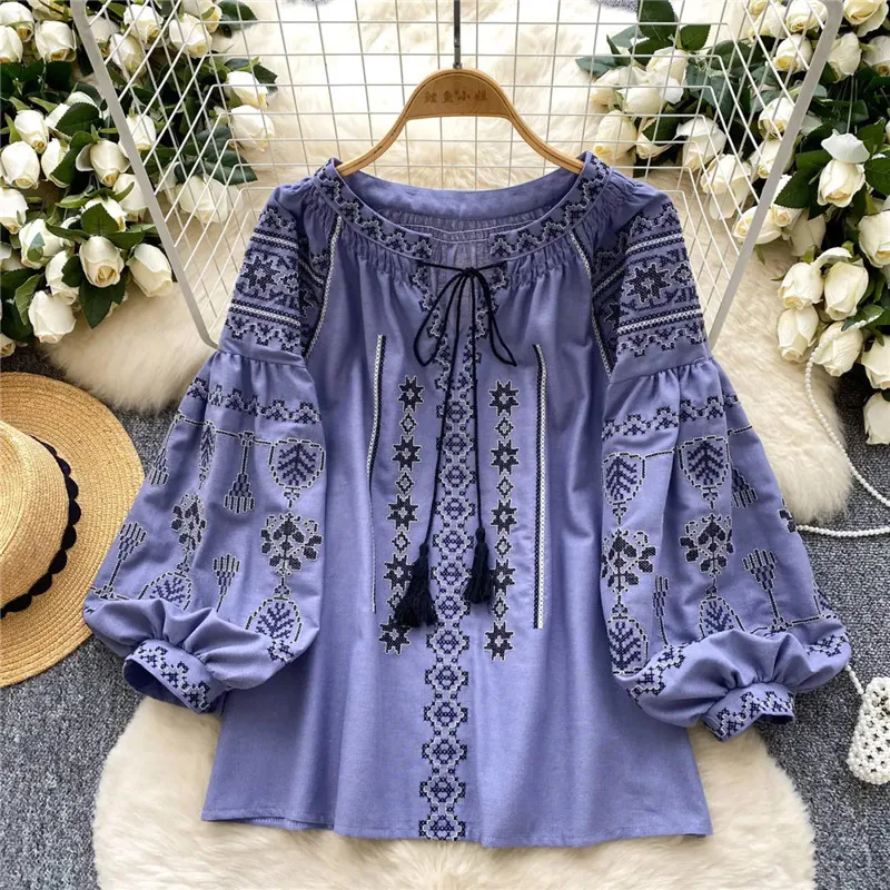 2025 Spring New Blouse Women Fashion Versatile Embroidery Lantern Sleeve Lace Up O-Neck Pullover Shirt Female Loose Tops B961