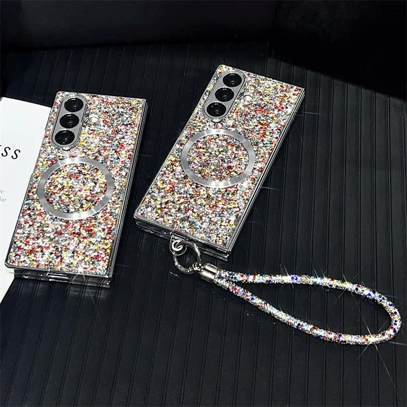 

Korean Glitter Cute Plating Silver Phone Case For Samsung Galaxy Z Fold 7 6 5 ZFold6 ZFold5 Protective Cover with Hand Rope Case
