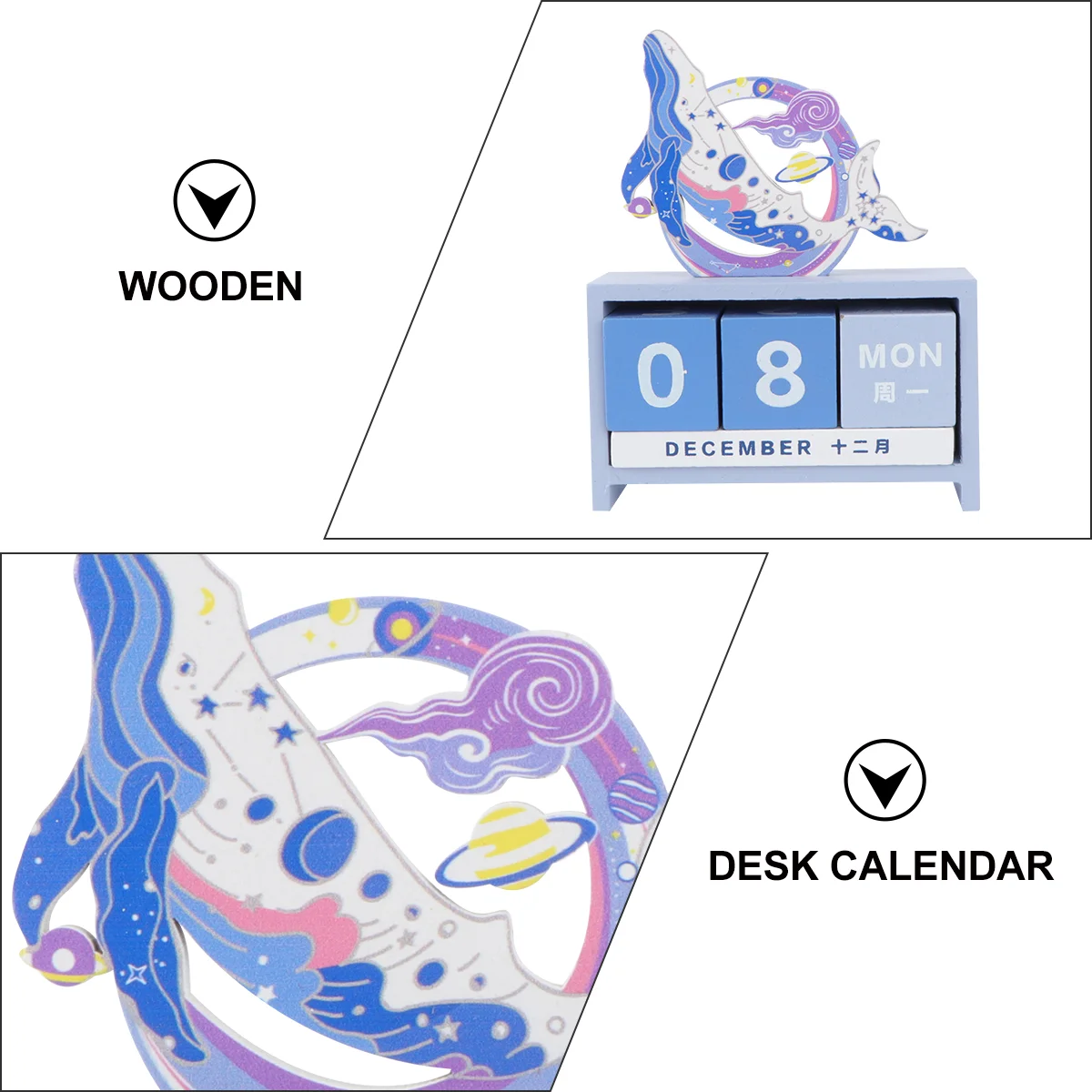 Block Calendar for Desk Office Decor Decoration Wooden Portable Desktop 134X106X37CM Blue Miss Child