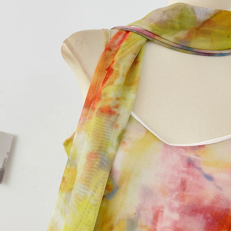 French Style Ombre Oil Painting Cami Dress Women Summer Beach Vacation Style High-Waist A-Line Pleated Bodycon Skirt Dress