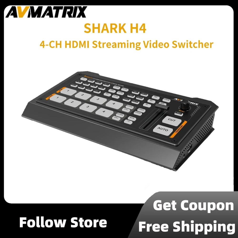 AVMATRIX-Shark H4 HDMI Streaming Video Switcher com Mixer Áudio, Live Video Shooting e Gravação Streaming Streaming, USK e DSK