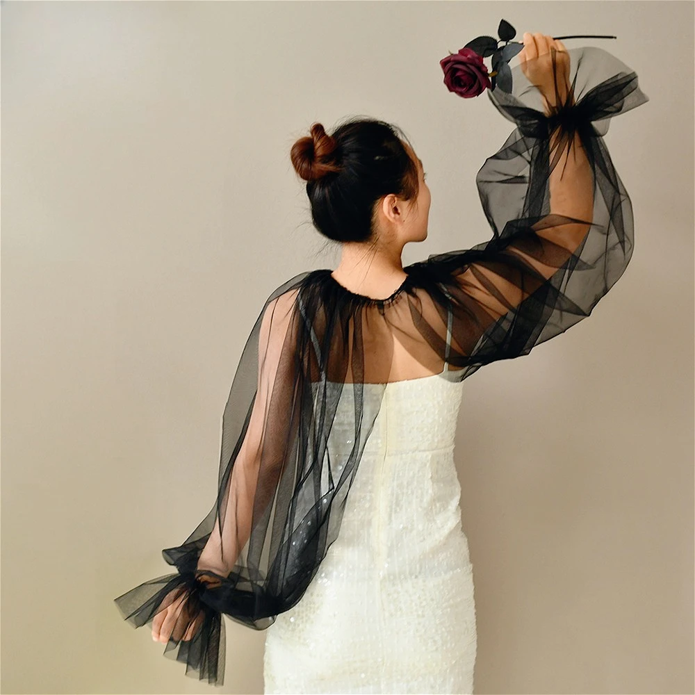 Xale de noiva de manga anexada com punhos queimados, bolero de casamento, acessórios de casamento sexy, adereços de casamento, festa noturna de casamento