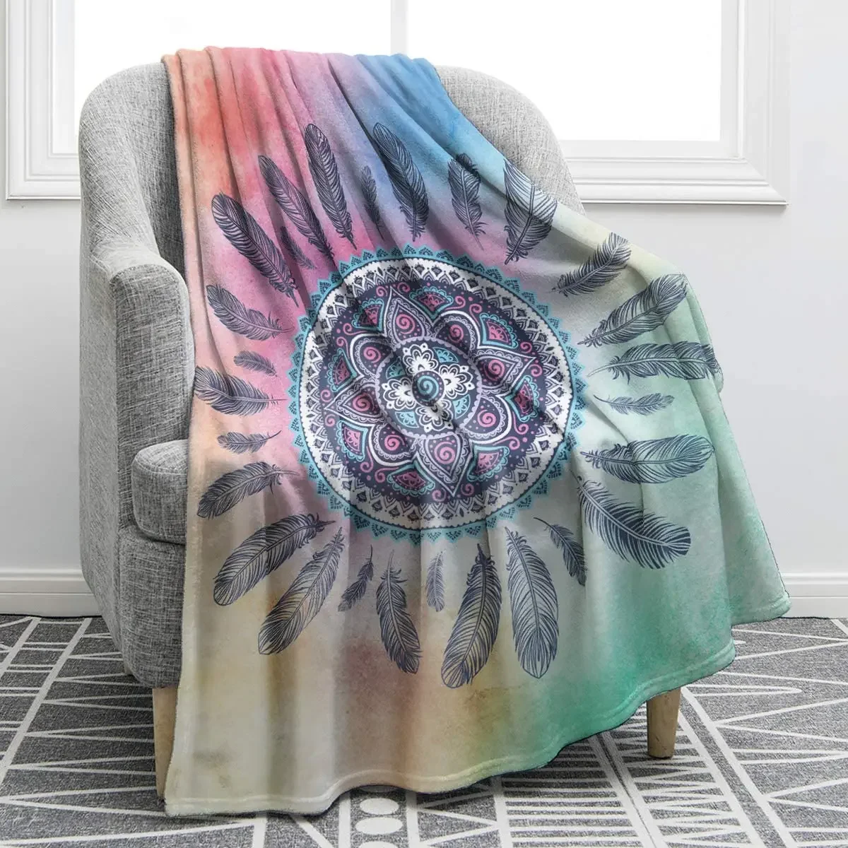 Feather Dream Catcher Flannel Throw Blanket for Sofa Chair Bed Office Travelling Camping Super Soft Lightweight Gift Blanket