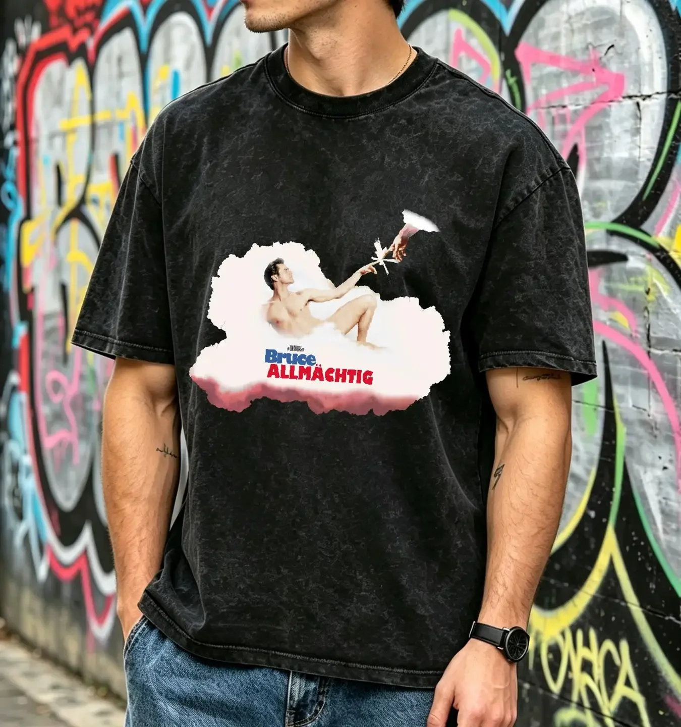 washed T Shirt Bruce Almighty 2003 Rare Vintage Movie Promo Size L Mens Black long or short sleeves vintage Washed Stylish