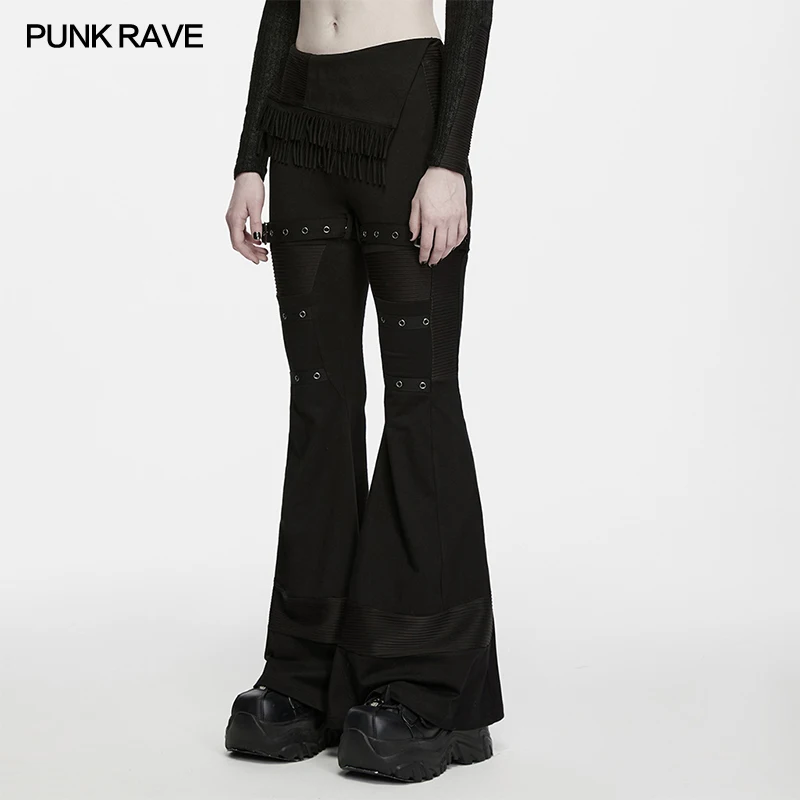 PUNK RAVE Women's Wasteland Soft Knitted Flared Pants Elastic Waistband Tassel Wasteland Multi-segment Design Trousers