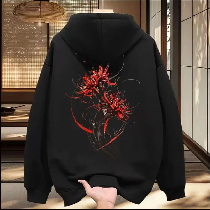 Red spider lily Print White hoodie Men Women Autumn 2025 New Chinese style Long Sleeve Coat Y2K Top Youth Men Warm Sweatshirt