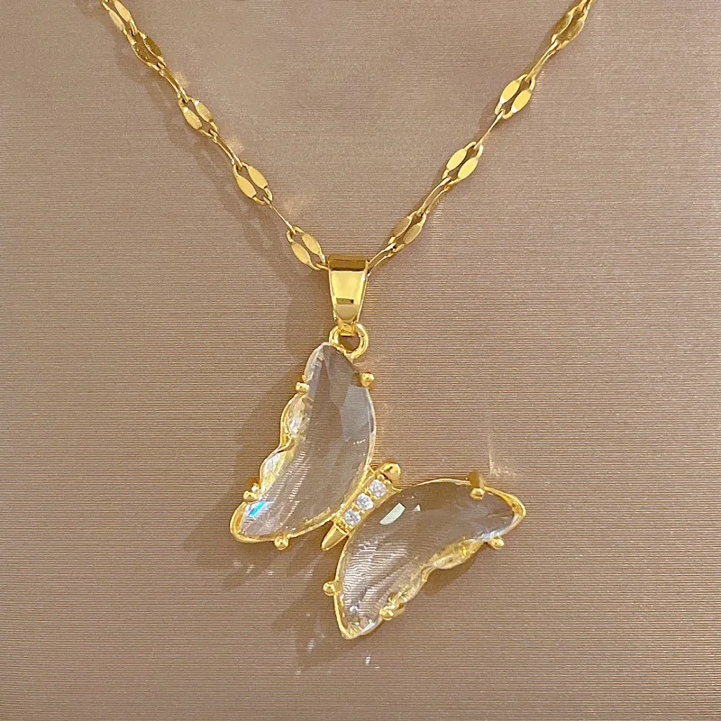 Exquisite Halskette mit Mikro-Zirkon-Intarsien, Schmetterlings- und Quastenanhänger für Damen, Edelstahl-Herz-Muschel-Anhänger, Hochzeitsschmuck – Detail 7