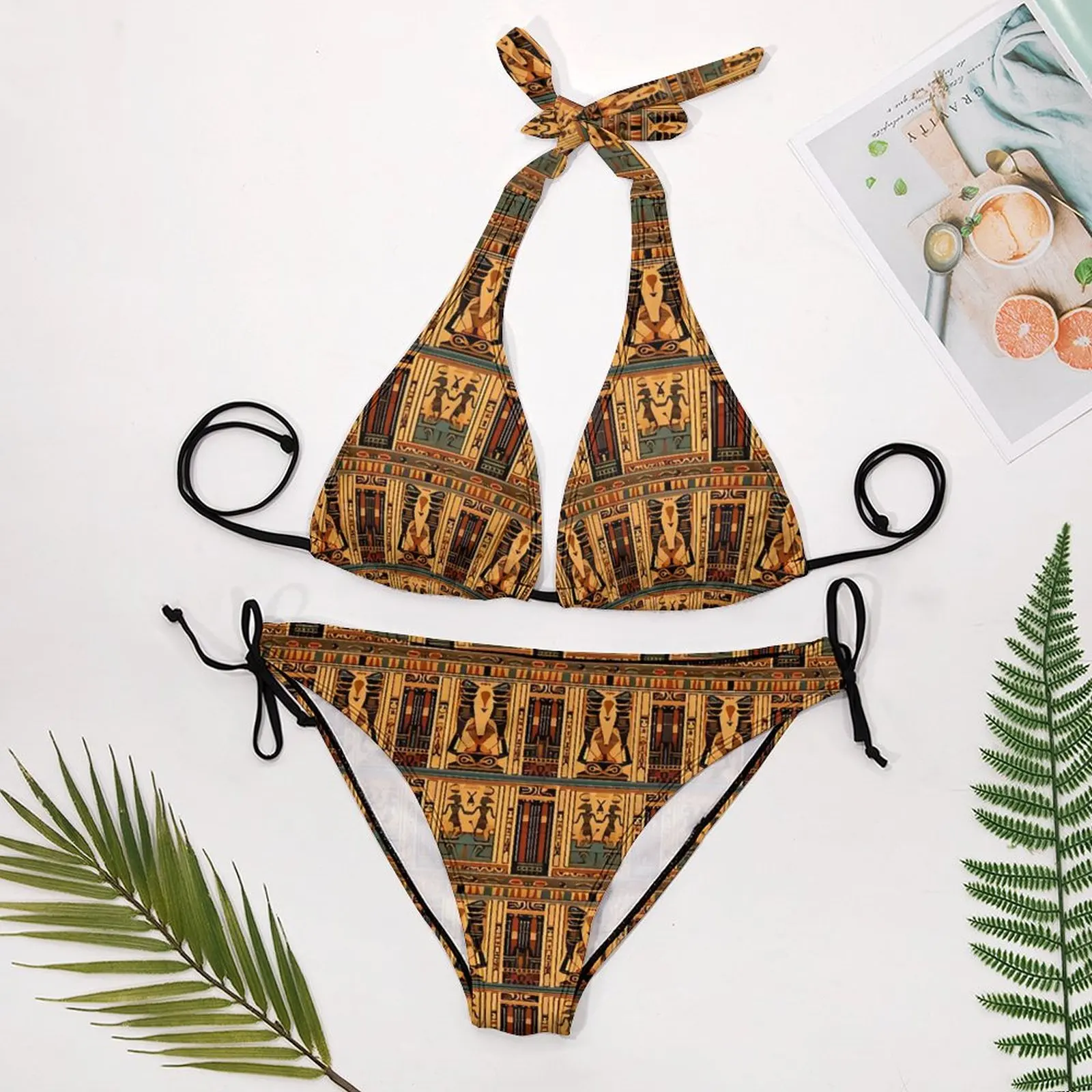 Set Bikini Seni Mesir Kuno Seksi Baju Renang Bikini Tren Pakaian Renang Tali Push Up Pakaian Renang Grafis