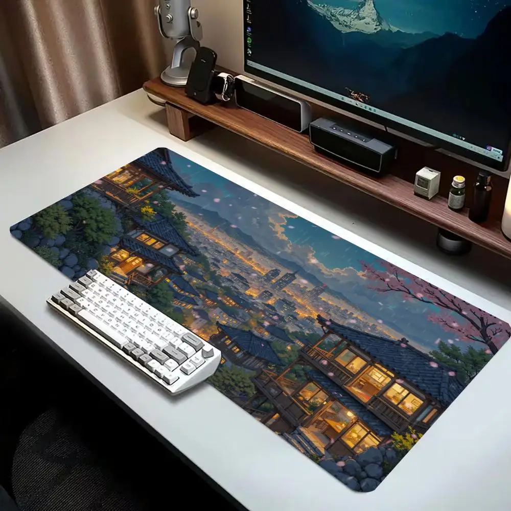 Large Gaming Mouse Pad Anime Night City Sakura Desk Mat Non-slip Rubber Extended Keyboard Pad