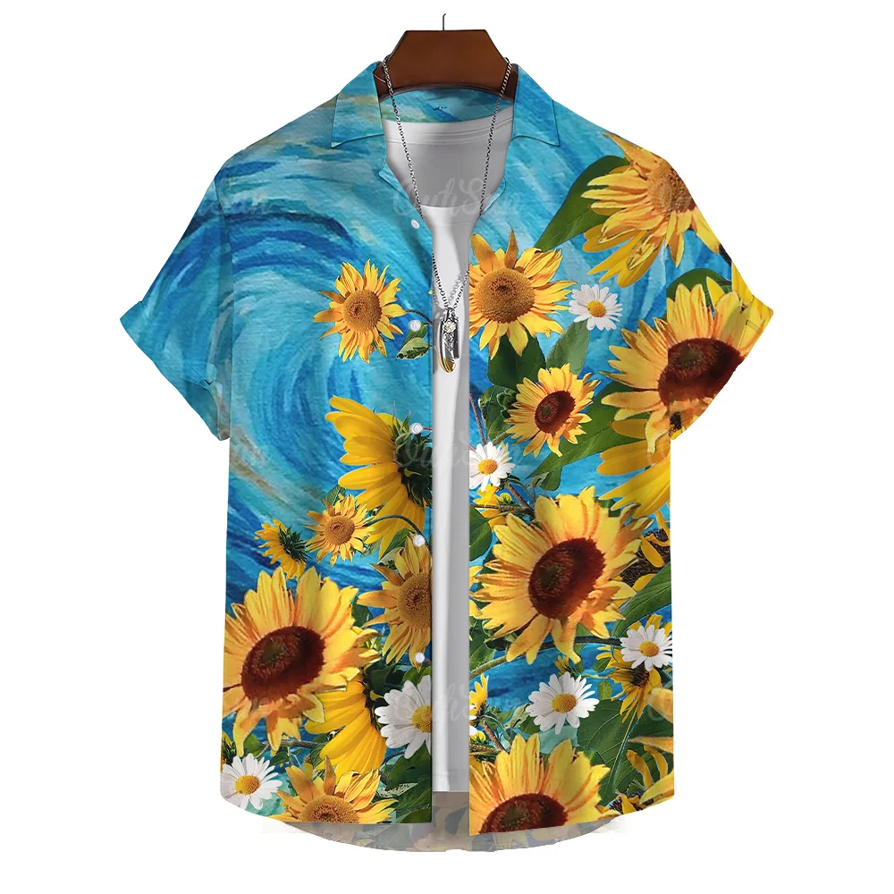 Summer Hawaiian Shirts Men's Shirts Sunflower Print Shirts for Men Lapel Short Sleeve Men's Clothing Loose Oversized Tops