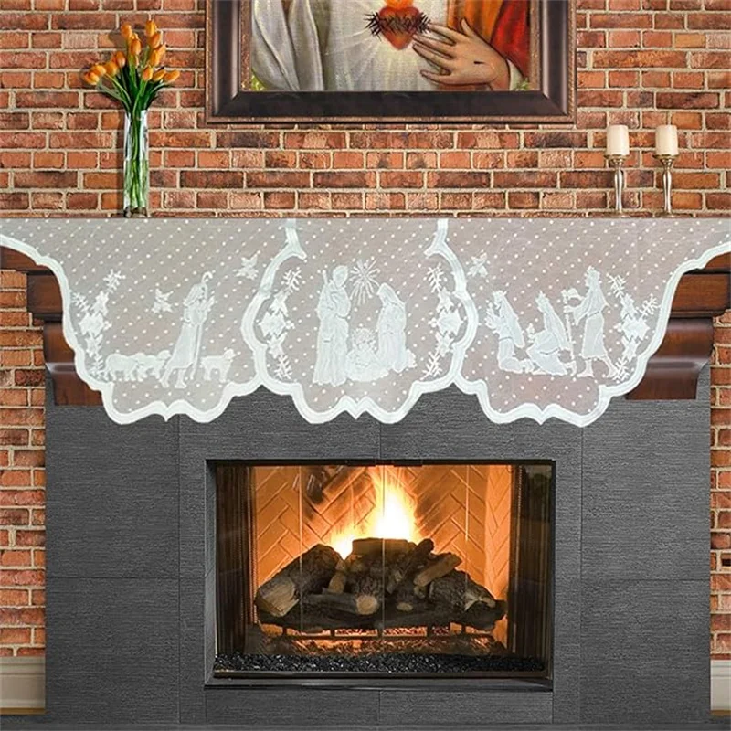 Lace Mantle Scarf for Christmas Winter Holiday Fireplace Decorations - White Christian Jesus Cover Decorations for Home