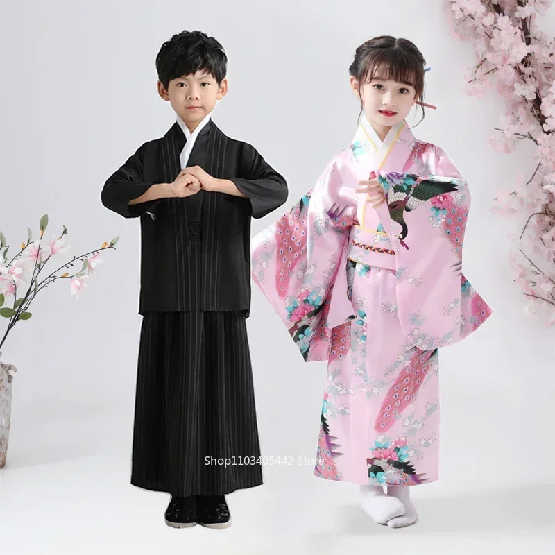 子供用和風着物-8色-女の子-花柄プリント-蝶結びベルト-スリム-薄手-ソフト浴衣-男の子-サムライスタイル-カーディガン着物セット