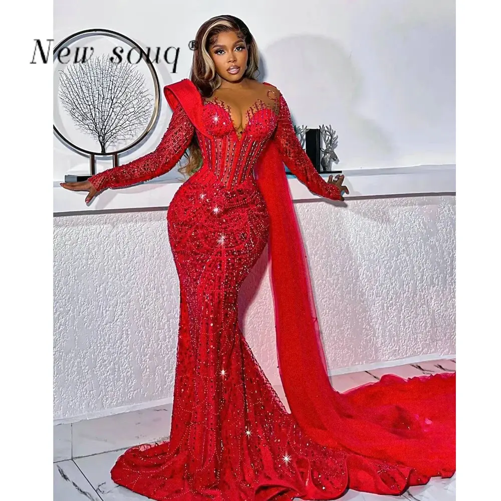 African Plus Size Red Beaded Prom Dresses with Side Train Aso Ebi Long Sleeves Sparkly Beads Black Girls Wedding Reception Gowns