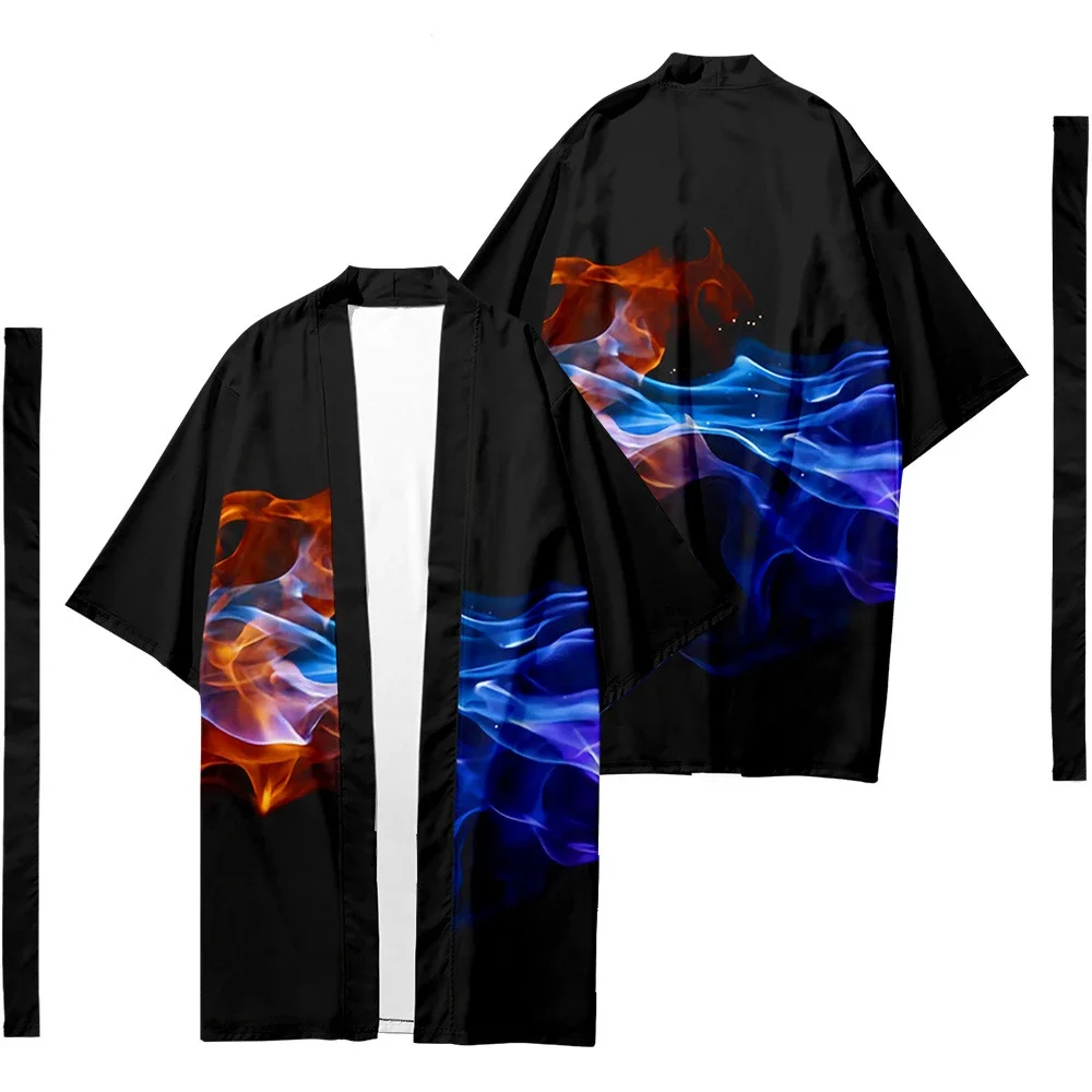 Men's Japanese Long Kimono Cardigan Fashion Women Samurai Kimono Flame Light Pattern Kimono Shirt Costume Yukata Jacket