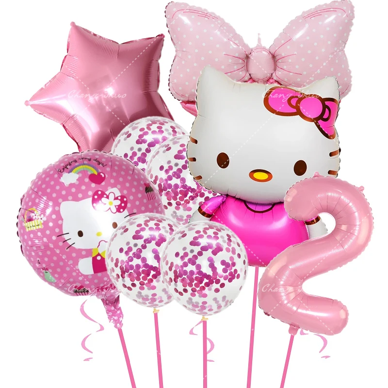 9Pcs Hello Kitty Balloon Set Sanrio Cartoon Cat 32in Number Foil Balloons for Girls Birthday Party Decor Baby Shower Supplies