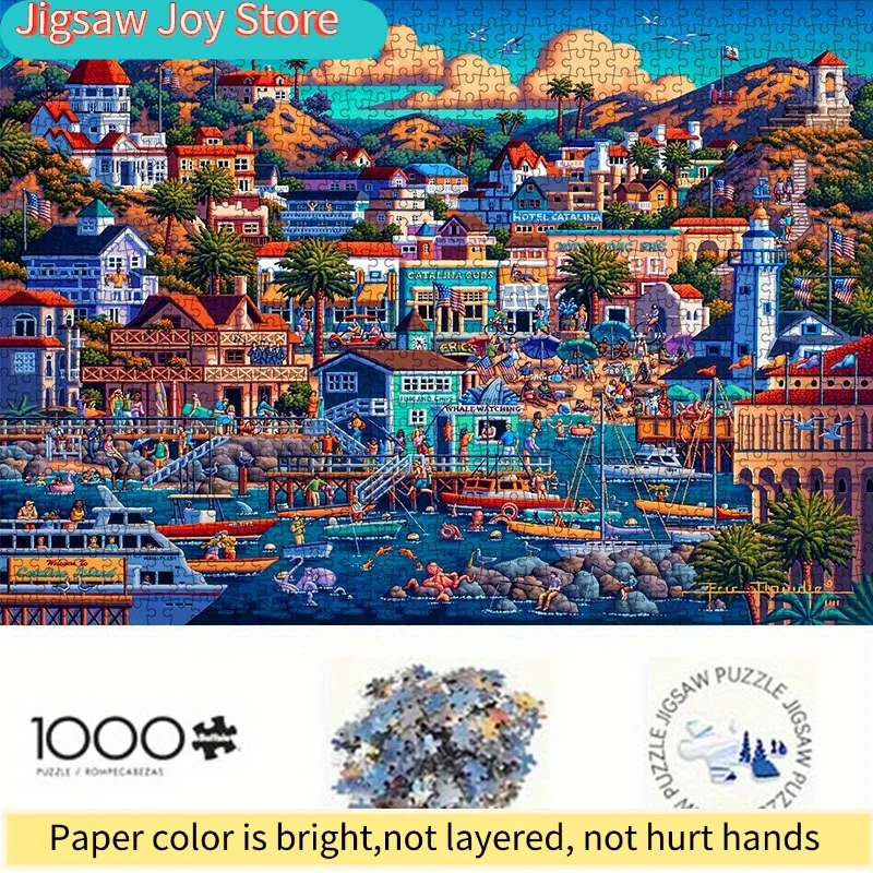A  Paper Puzzle Featuring a Scenic View of a California Seaside Town, Including Elements Like Coastal Buildings, a Pier, Yacht