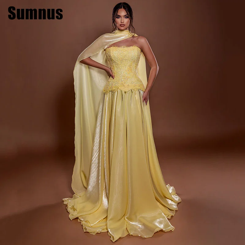 

Sumnus Elegant A-Line Prom Dress Yellow Strapless Lace Draped Floor Length Evening Dress فساتين سهرة Customized