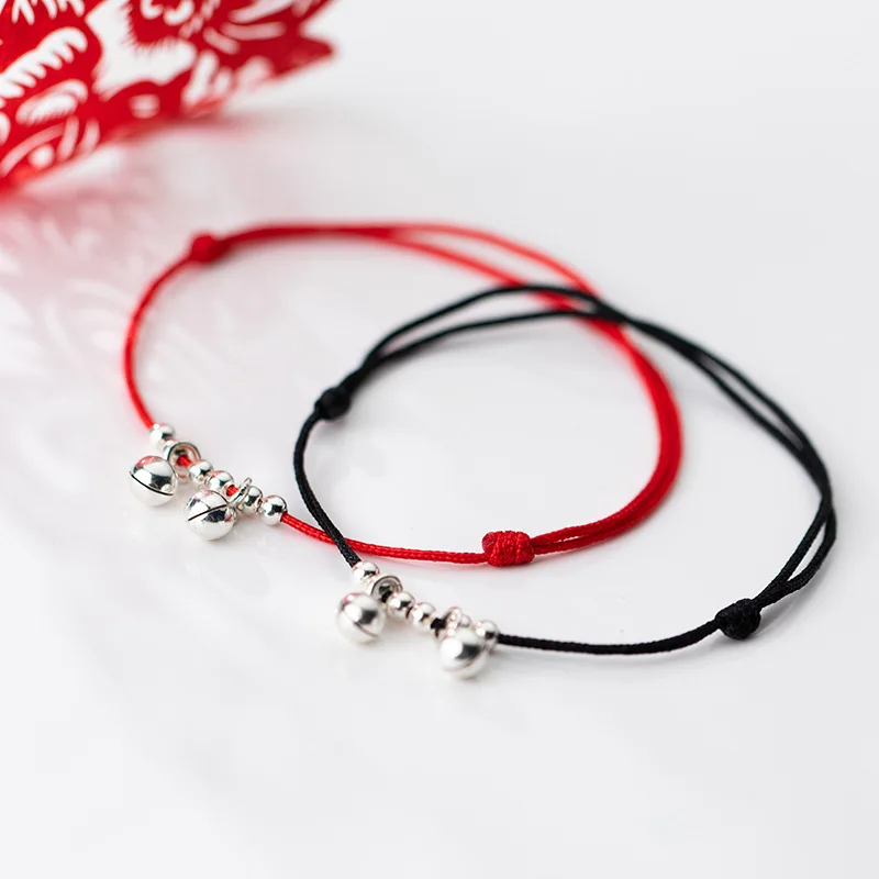 S925 فضة أجراس خلخال مجوهرات للقدم للنساء بيرفوت شاطئ محظوظ اليدوية الأحمر الأسود الحبل سلسلة الخلخال مجوهرات