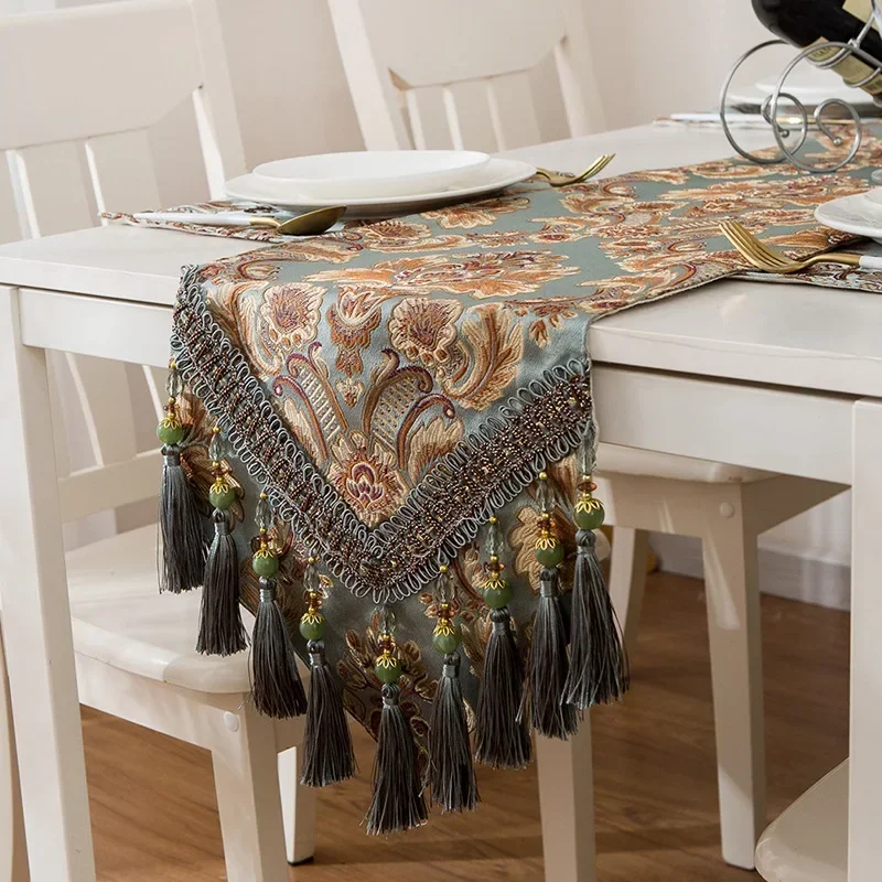 European Style Luxury Table Runner Chenille Light High-grade Jacquard Tassel Tea Runner Silicone Non-slip Bottom Table Runner