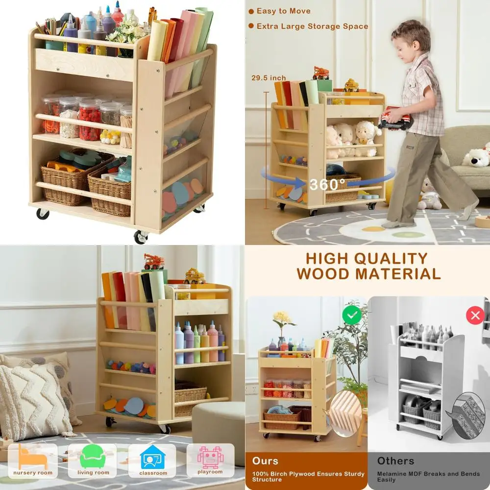 عربة فنية متنقلة متعددة الطبقات للأطفال - مساحة تخزين مصنوعة من خشب البتولا بعجلات