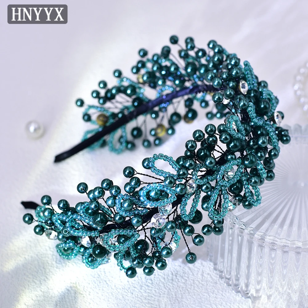 

HNYYX Green Crystal Bridal Headband Luxury Pearls Wedding Hair Accessories Hair Jewelry for Headbands Vintage Headwear A87