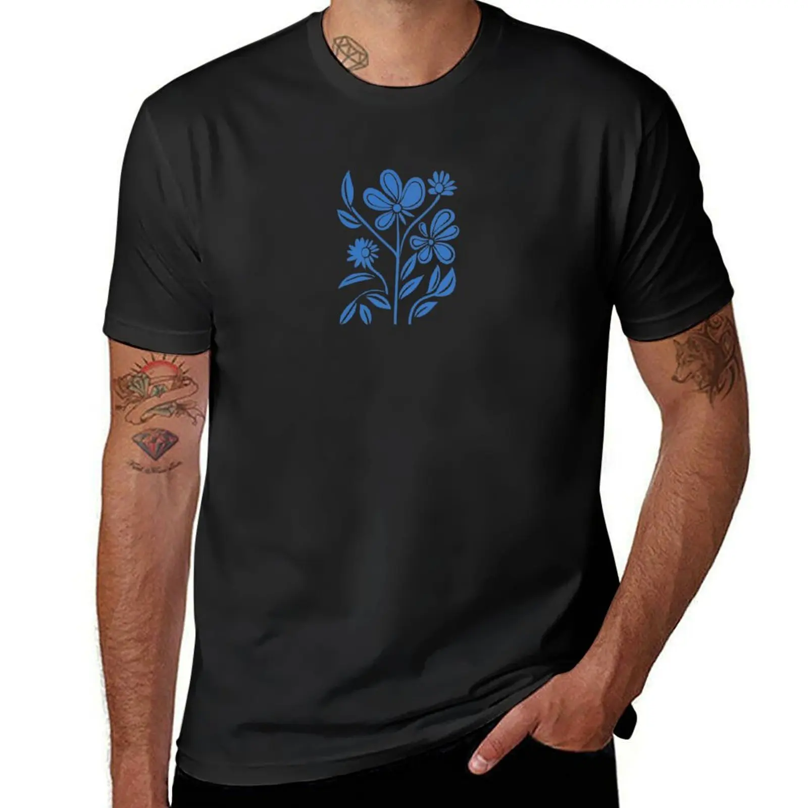 Blue Floral Line Art Design T-Shirt for a boy aesthetic clothes mens champion t shirts