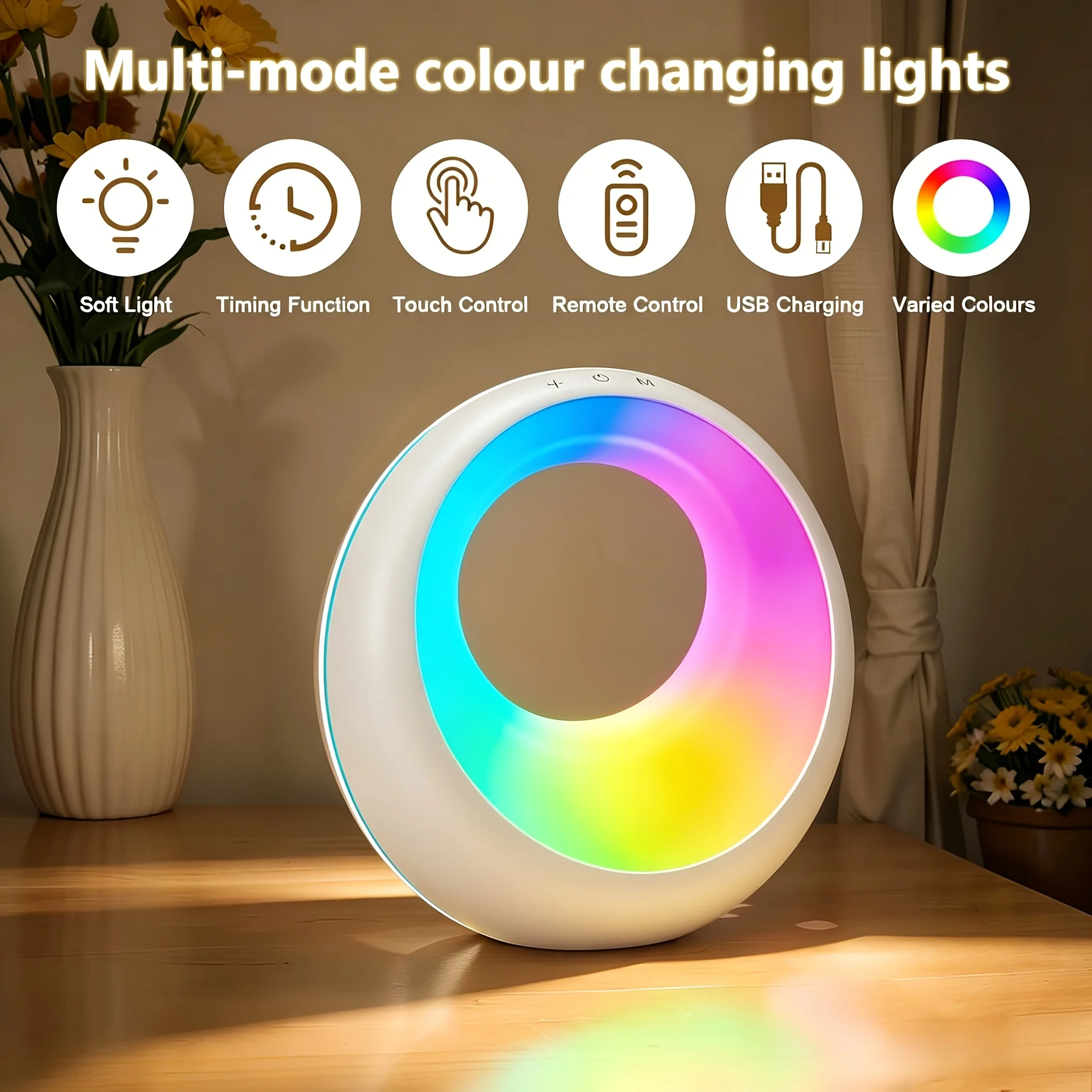 Touch & Remote Control Night Light, USB Rechargeable RGB Ambient Lamp, Multi Modes LED Bedside Desk Lamp for Bedroom Home Decor