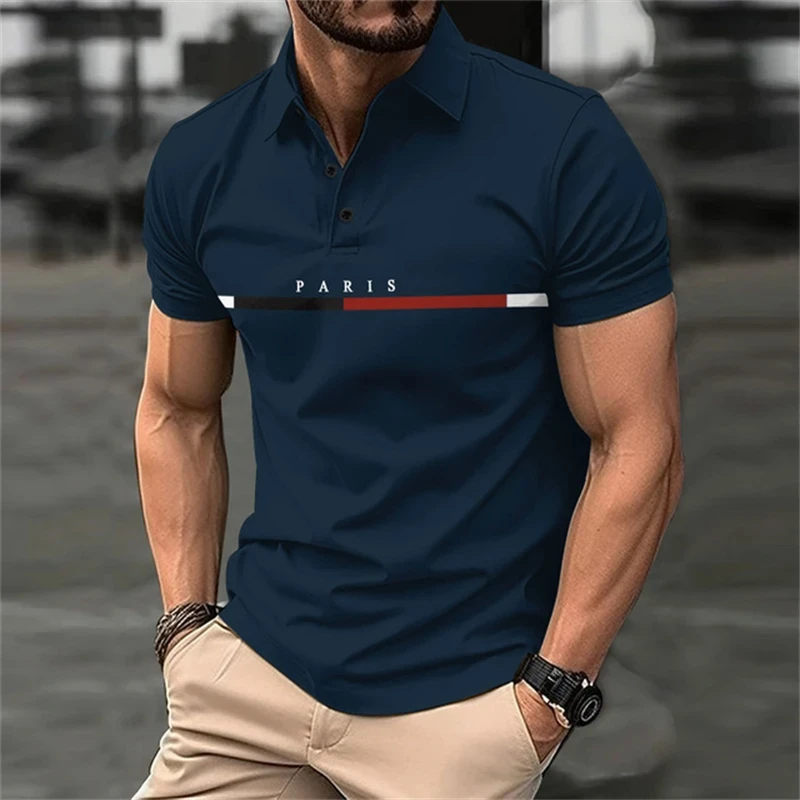 Camisa polo com letras estampadas masculina, botão casual, roupa de negócios respirável, blusa manga curta, moda divertida, verão