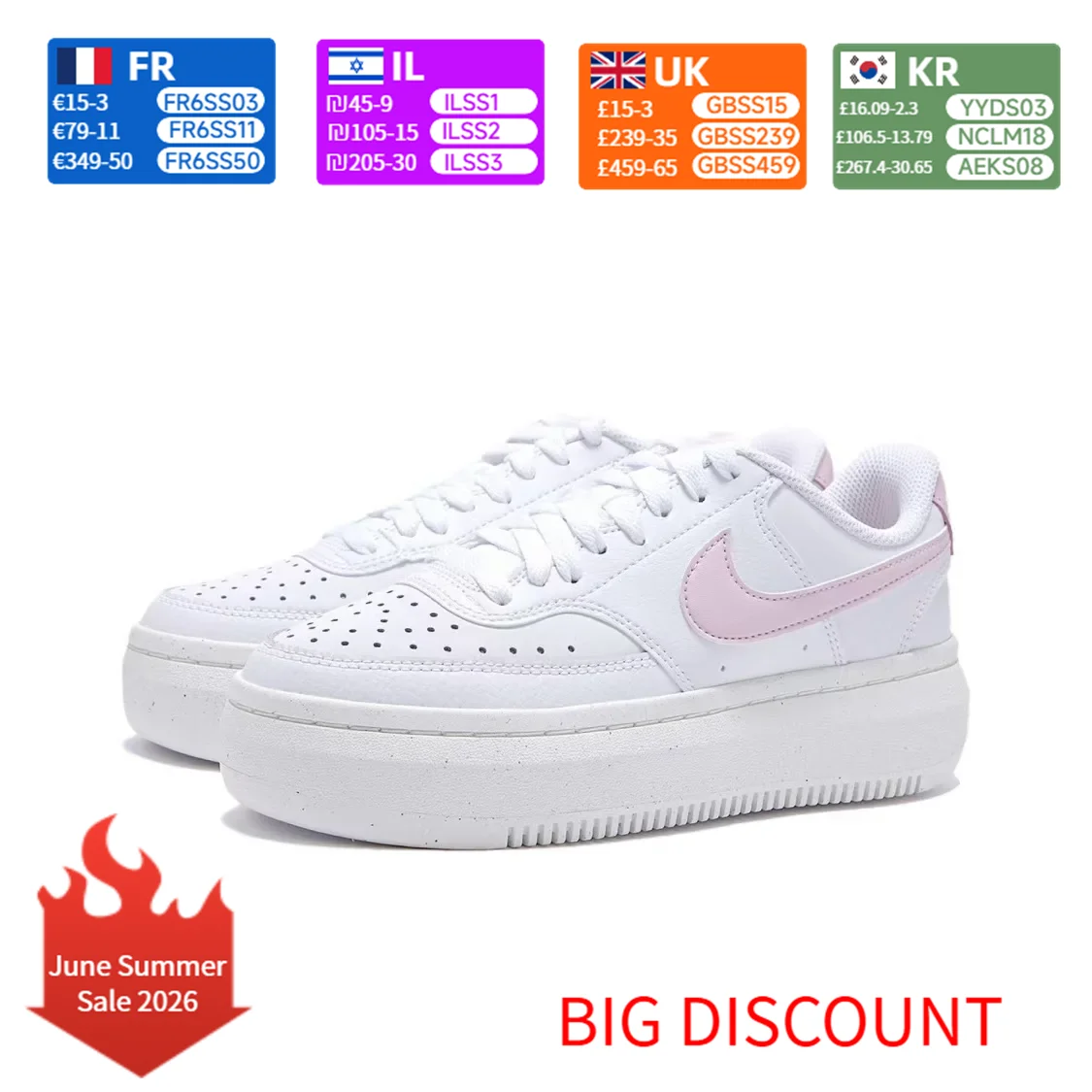 

Nike Court Vision Alta Stylish & Comfortable Non-Slip & Durable Low-Top Skate Shoes Women's White/Pink DZ5394-105