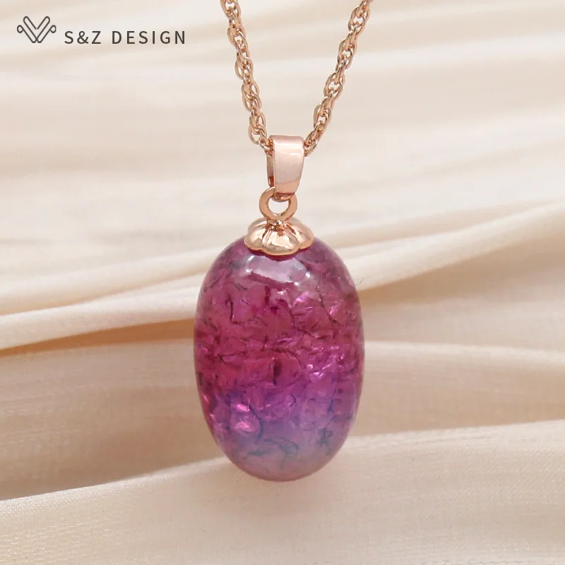 S&Z DESIGN New Fashion 585 Rose Gold Color Grape Pendant Necklace For Women Wedding Jewelry Oval Colorful Eardrop Gift