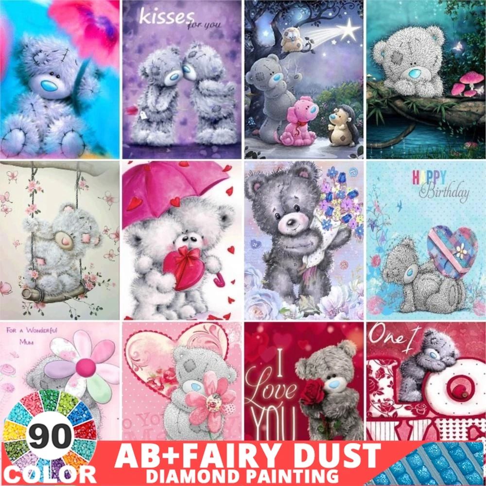 90 Colour AB Fairy Dust  Diamond Painting Gray Patch Bear Diamond Embroidery Home Decoration Mosaic Cartoon Bear Christmas Gift