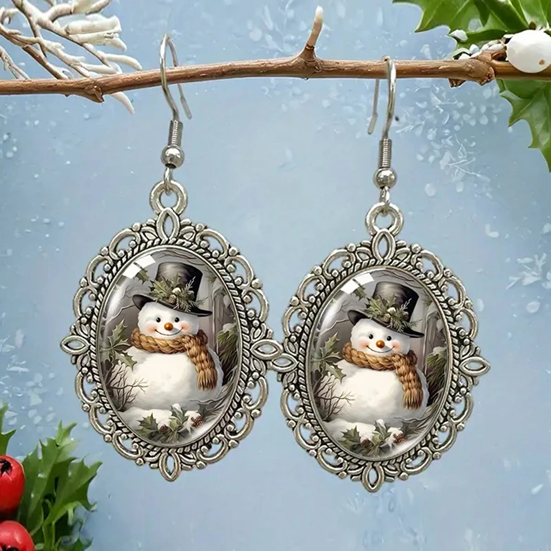 Vintage Christmas Silver Plated Oval Drop Dangle Earrings with Santa Snowman Cardinal Prints Festive Holiday Jewelry Gift