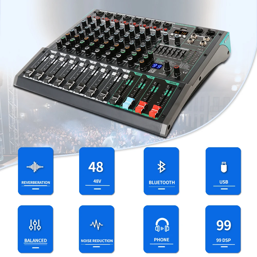 8 Channel 99 DSP Digital Mixer Professional Powered Audio Mixing Console Power Soundcraft Sound Mixer with Bluetooth USB