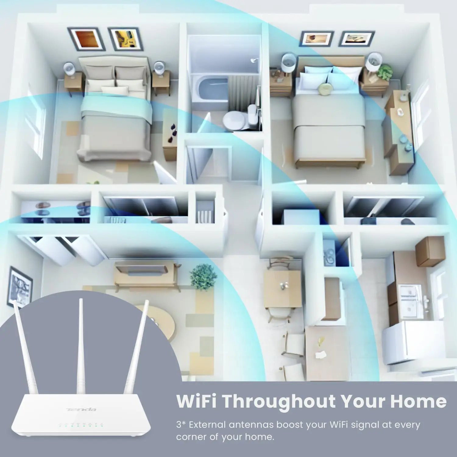 Tenda F3 WLAN Router N300 For Connection to Cable/DSL Fibre Modem 3x5dBi External Antennas 2.4GHz 300Mpbs Mini Home Wifi Routers