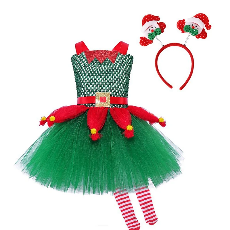 

3Pcs Girls Christmas Tree Costume Set – Tutu Dress + Headband + Socks, Kids Holiday Performance Outfit, Party Dress Outfits