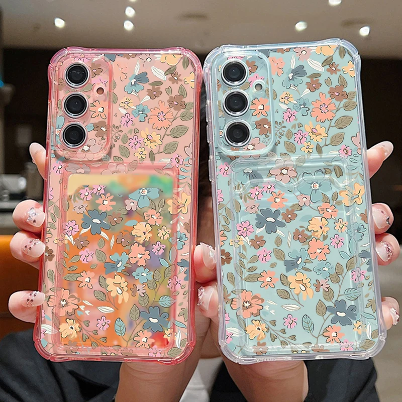 Funda tipo billetera con flores románticas para Samsung Galaxy S25 S24 S22 Ultra S23 S21 FE A55 A54 A35 A25 A15 A16 5G, funda transparente de TPU