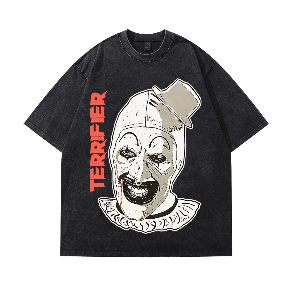 

Terrifier Art The Clown Jumbo Graphic T-Shirts Merch Vintage Wash Tee Women Men Fashion Short Sleeve T-Shirts