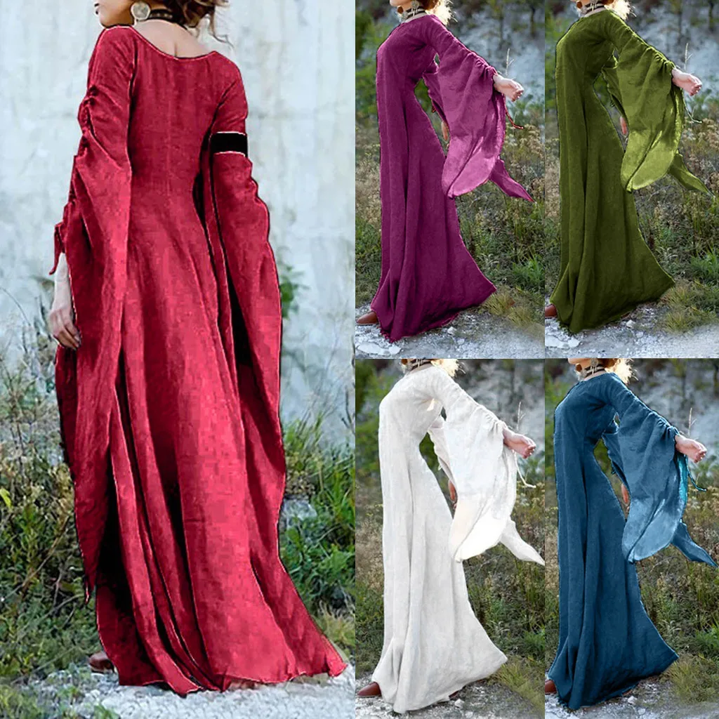 Renaissance Retro Long Flare Sleeve Maxi Dress Vintage Gothic Victoria Style Medieval Solid Color Cotton Linen Halloween Costume