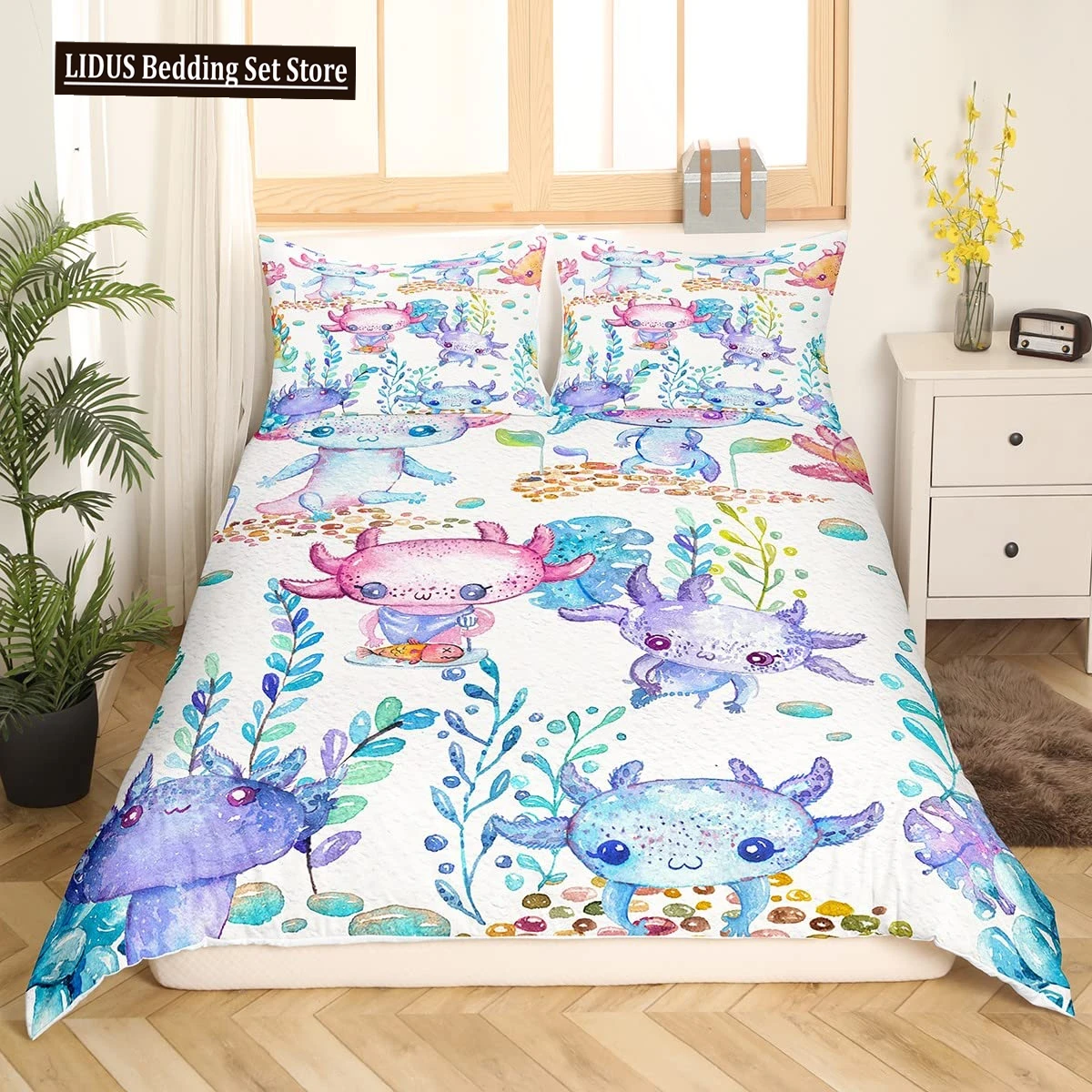 

Cartoon Axolotl Duvet Cover For Children Boys Girls Axolotl Coastal Ocean Sealife Theme Bedding Bedroom Decoration Queen Size