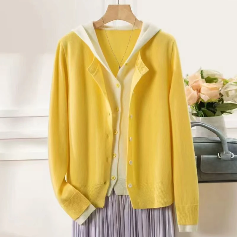 

Новый хит продаж, вязаный женский кардиган с длинными рукавами, свитер с капюшоном из 100% шерсти, модное и изысканное короткое женское пальто, свитер