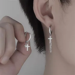 Trendy 925 Sterling Silver Earrings For Men Jewelry Classic Double Cross Drop Earrings Male Personality Asymmetric Ear Buckle