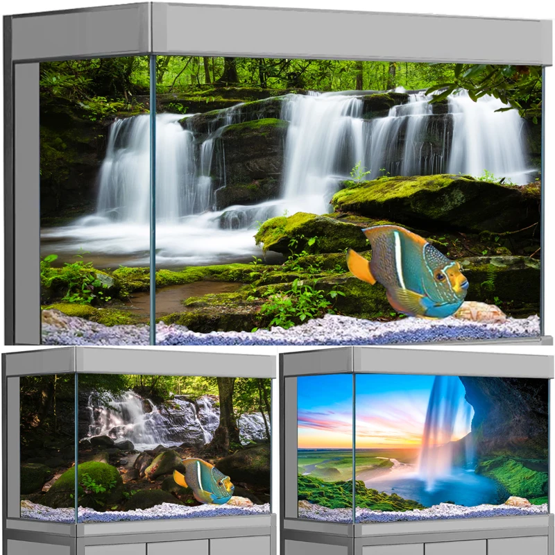 

3D Aquarium Background Poster PVC Adhesive Sticker Fish Tank Waterfall Backdrop 3D Ocean Sea Plants Background Sticker